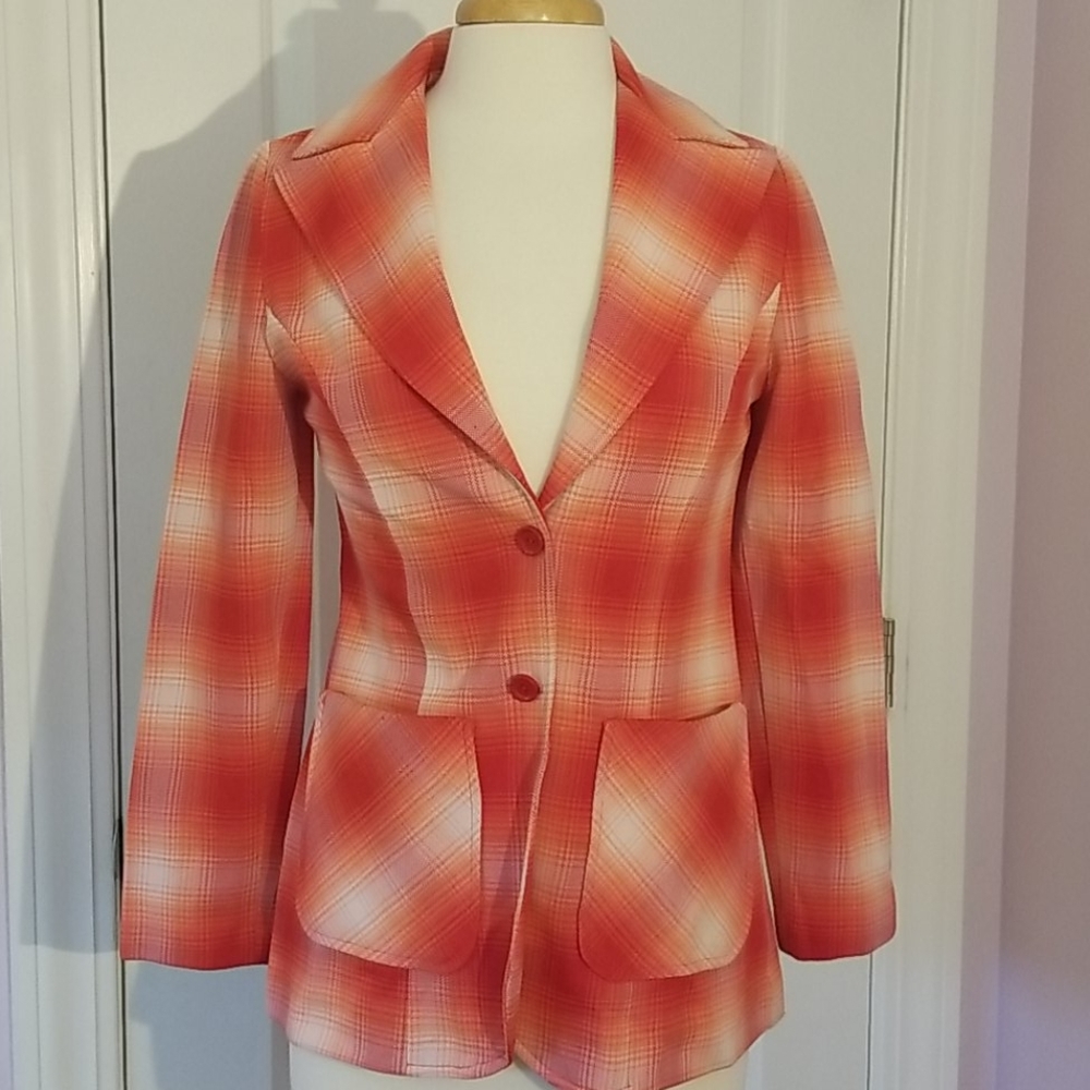 Orange and Red Plaid Polyester Blazer